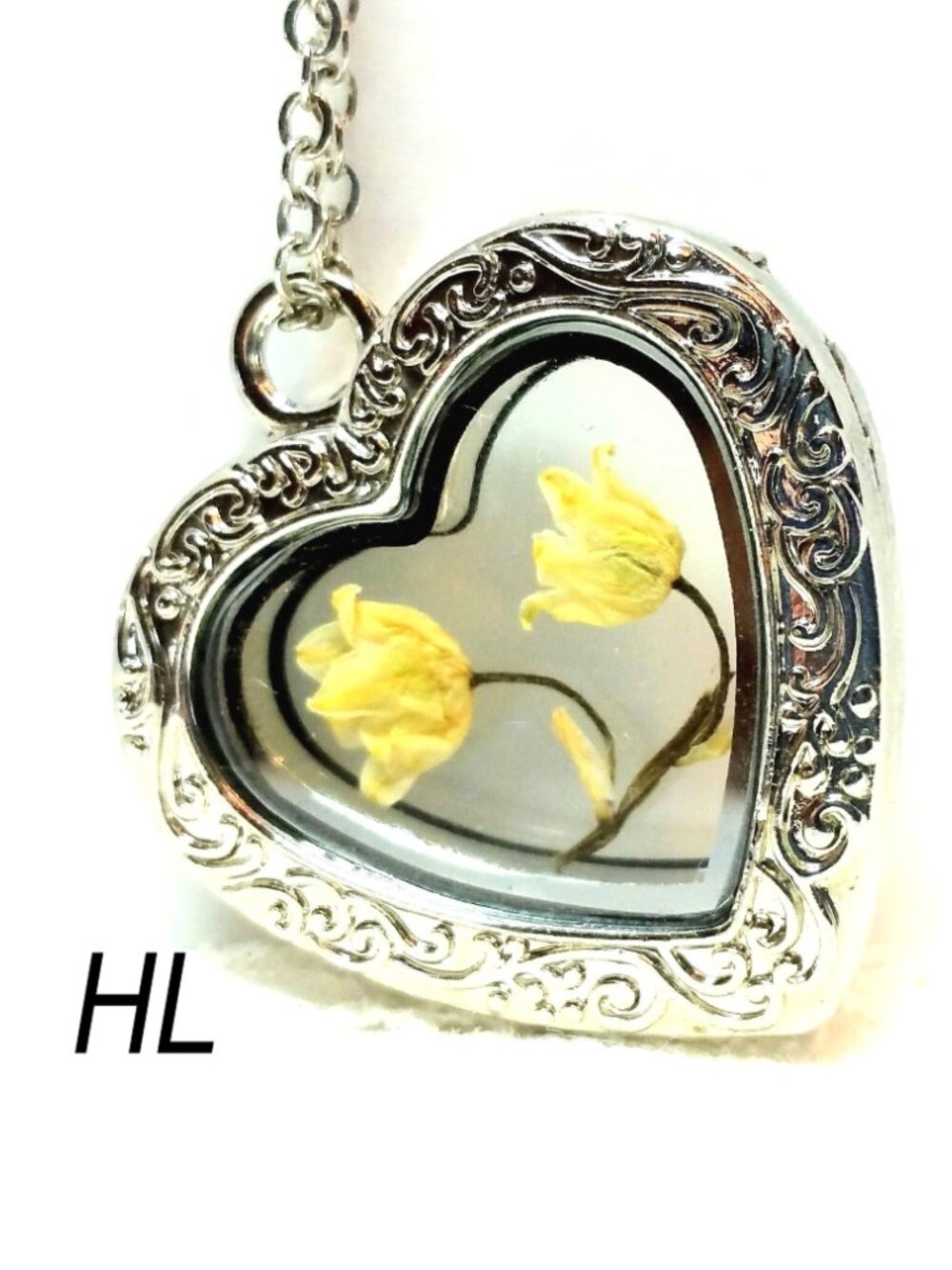 Pressed Flower Necklace white Heart charm Lily of the valley flower necklace